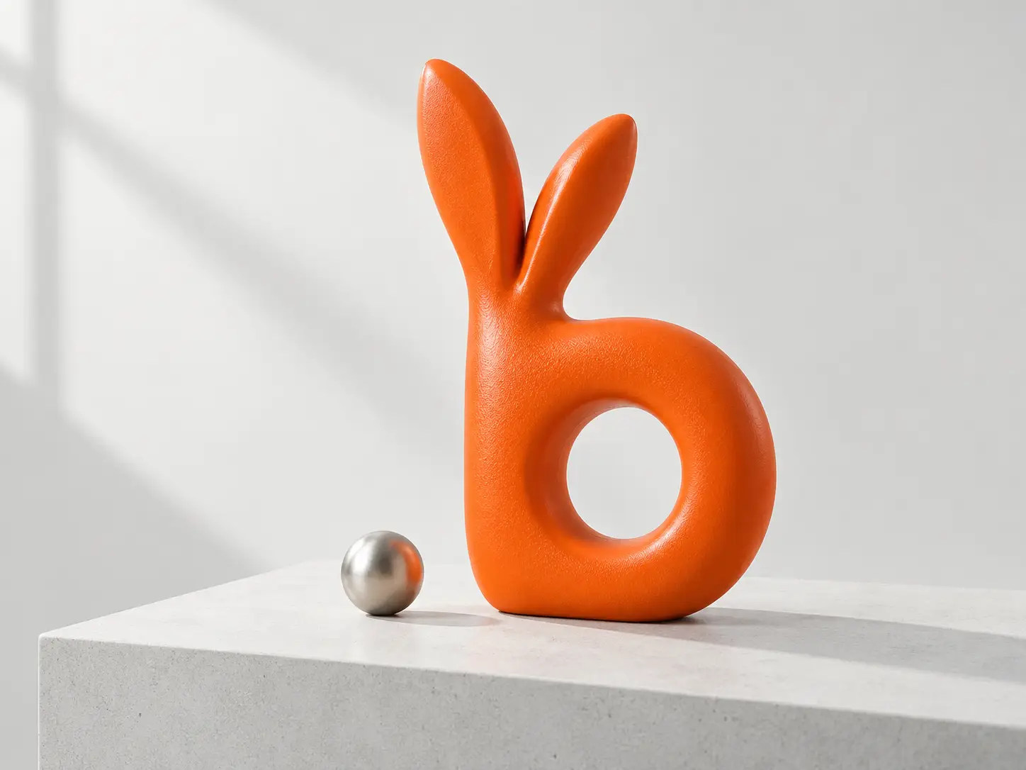 An orange rabbit-inspired letter b sculpture on a pale architectural plinth.