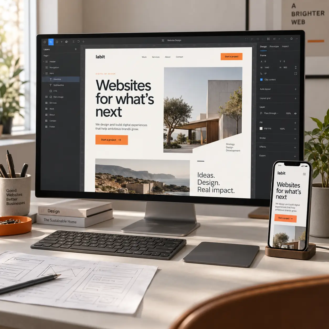 A website design editor on a desktop monitor with a matching mobile website and wireframe sketches on the desk.